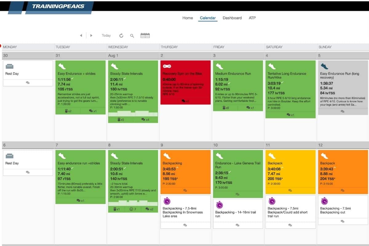 TrainingPeaks calendar view