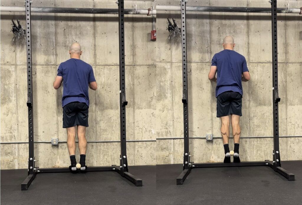 trail running injury prevention exercise - Calf Raise with a tennis ball between your heels 