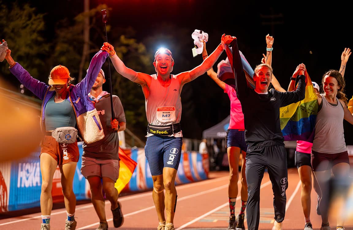 headlamp on Ryan Montgomery as he finishes 2024 Western States Endurance Race